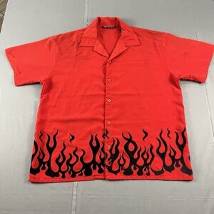 Vintage Y2K No Boundaries Flames Fire Button Up Shirt Size Large Grunge Skate
